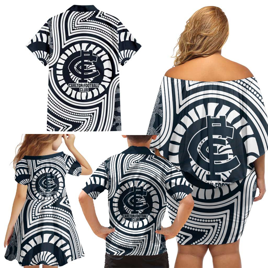 Carlton Football Club Family Matching Off Shoulder Short Dress and Hawaiian Shirt Indigenous Monochrome Dot Art Mascot Style
