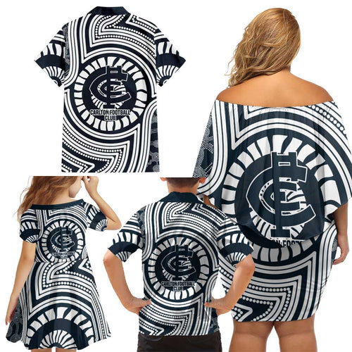 Carlton Football Club Family Matching Off Shoulder Short Dress and Hawaiian Shirt Indigenous Monochrome Dot Art Mascot Style