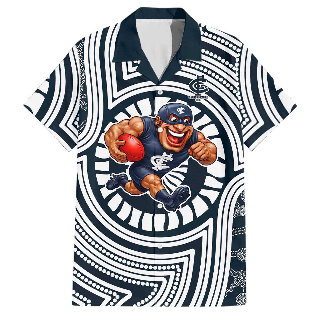 Carlton Football Club Family Matching Off Shoulder Short Dress and Hawaiian Shirt Indigenous Monochrome Dot Art Mascot Style