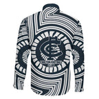 Carlton Football Club Family Matching Off Shoulder Short Dress and Hawaiian Shirt Indigenous Monochrome Dot Art Mascot Style