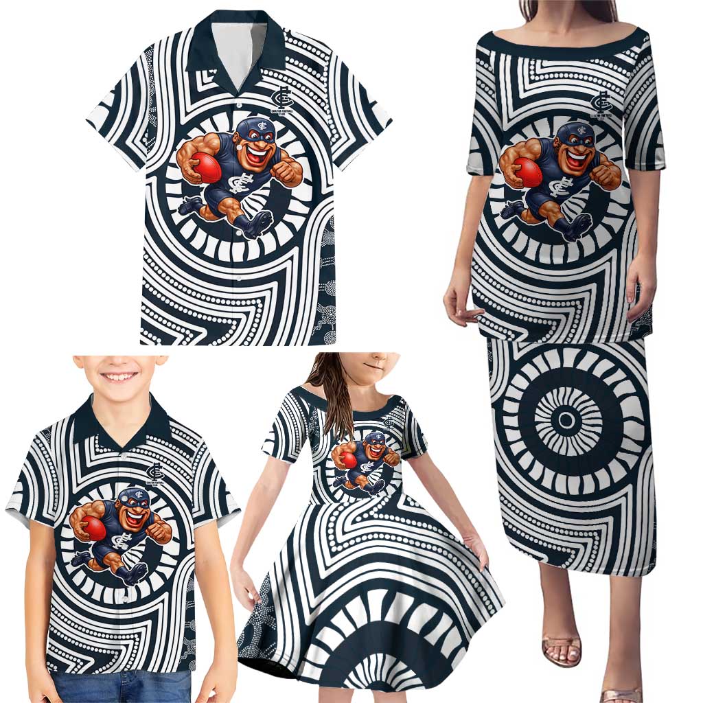 Carlton Football Club Family Matching Puletasi and Hawaiian Shirt Indigenous Monochrome Dot Art Mascot Style