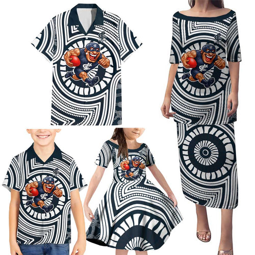 Carlton Football Club Family Matching Puletasi and Hawaiian Shirt Indigenous Monochrome Dot Art Mascot Style