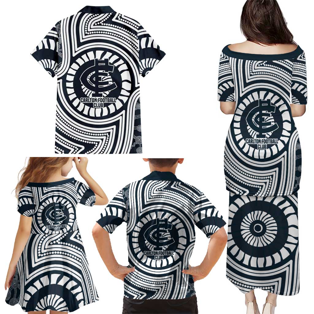 Carlton Football Club Family Matching Puletasi and Hawaiian Shirt Indigenous Monochrome Dot Art Mascot Style