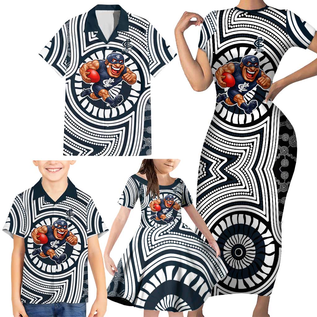 Carlton Football Club Family Matching Short Sleeve Bodycon Dress and Hawaiian Shirt Indigenous Monochrome Dot Art Mascot Style