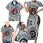 Carlton Football Club Family Matching Short Sleeve Bodycon Dress and Hawaiian Shirt Indigenous Monochrome Dot Art Mascot Style