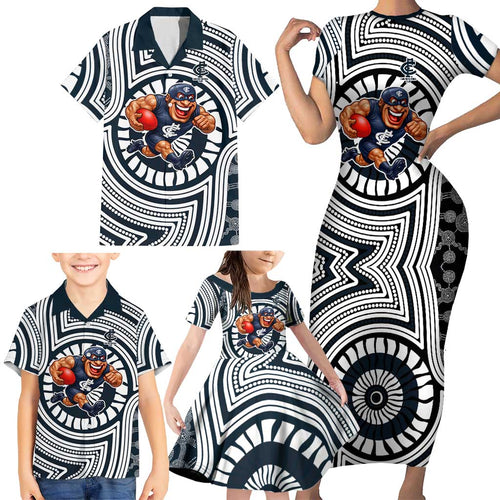 Carlton Football Club Family Matching Short Sleeve Bodycon Dress and Hawaiian Shirt Indigenous Monochrome Dot Art Mascot Style