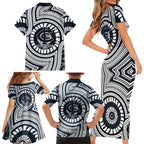 Carlton Football Club Family Matching Short Sleeve Bodycon Dress and Hawaiian Shirt Indigenous Monochrome Dot Art Mascot Style