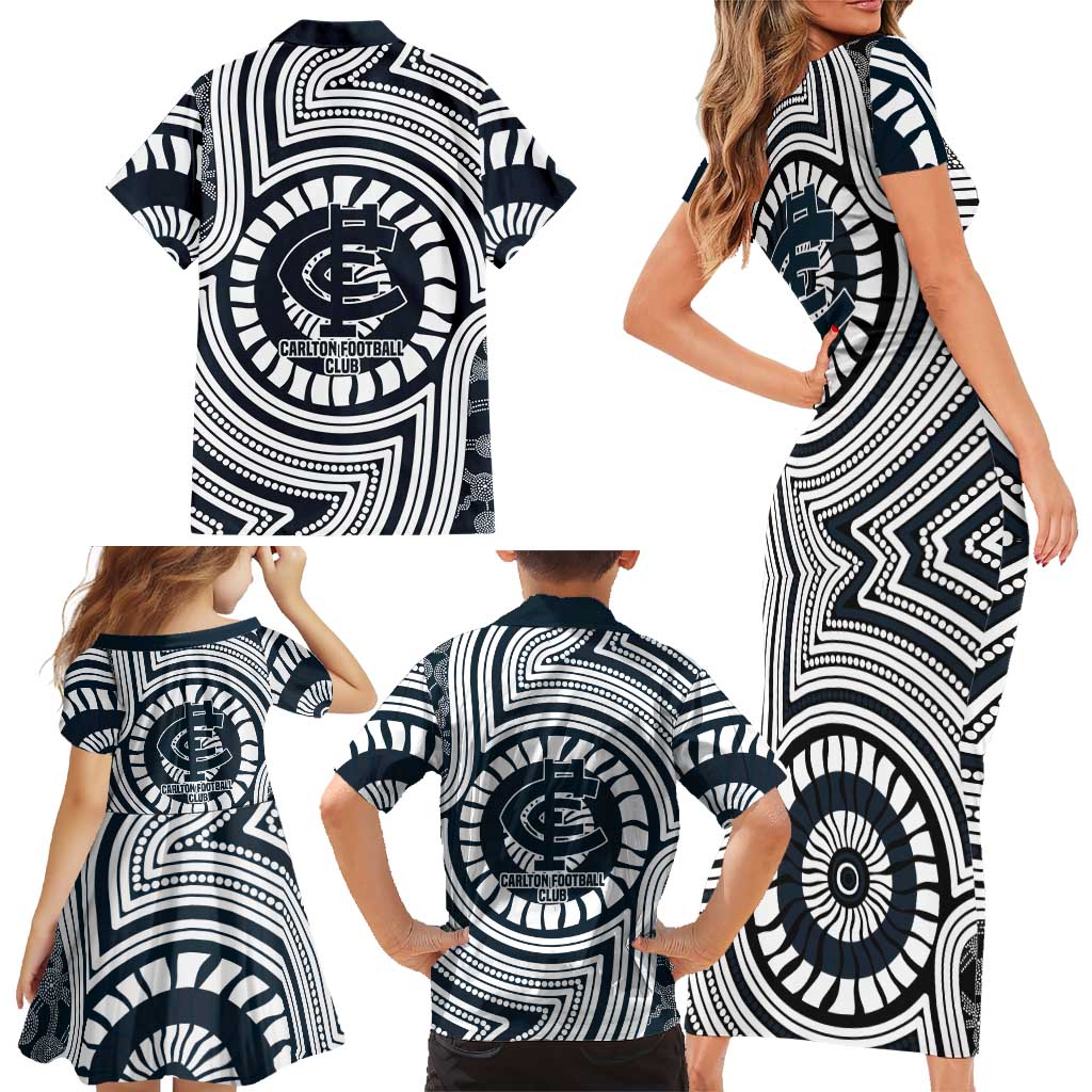 Carlton Football Club Family Matching Short Sleeve Bodycon Dress and Hawaiian Shirt Indigenous Monochrome Dot Art Mascot Style