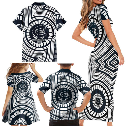Carlton Football Club Family Matching Short Sleeve Bodycon Dress and Hawaiian Shirt Indigenous Monochrome Dot Art Mascot Style