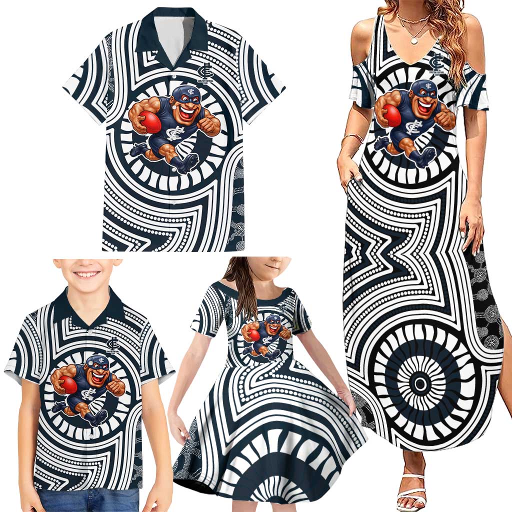 Carlton Football Club Family Matching Summer Maxi Dress and Hawaiian Shirt Indigenous Monochrome Dot Art Mascot Style
