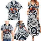 Carlton Football Club Family Matching Summer Maxi Dress and Hawaiian Shirt Indigenous Monochrome Dot Art Mascot Style