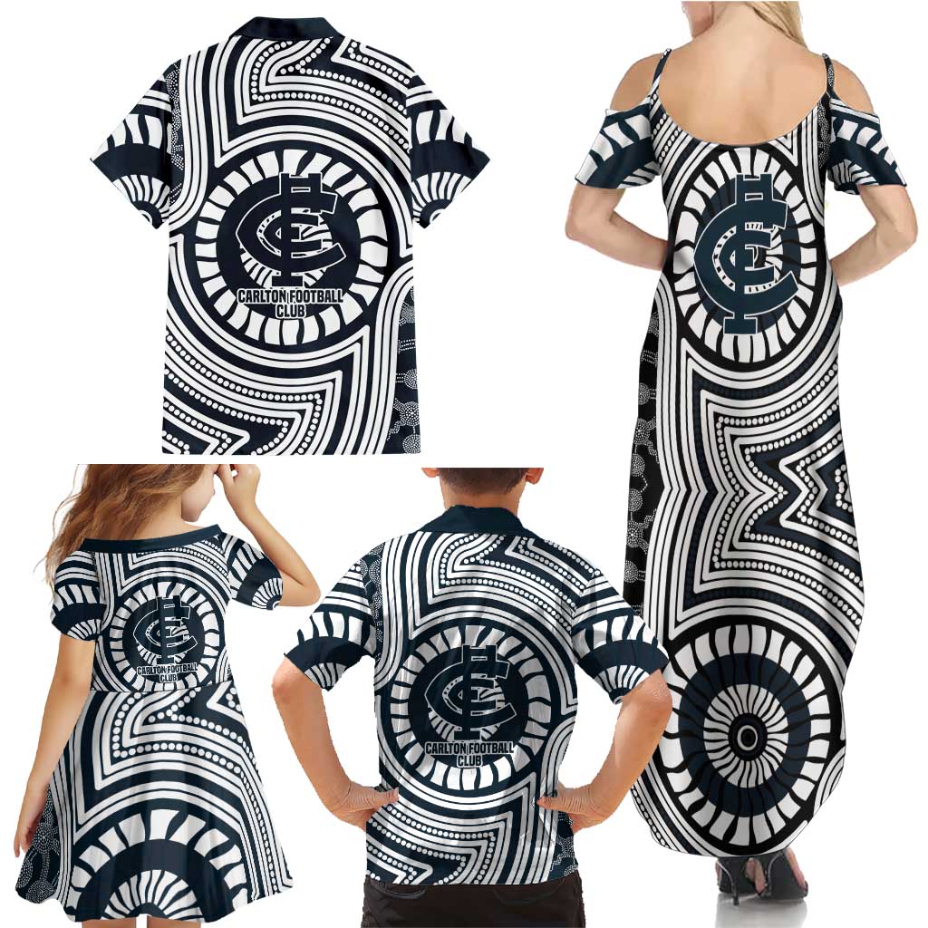 Carlton Football Club Family Matching Summer Maxi Dress and Hawaiian Shirt Indigenous Monochrome Dot Art Mascot Style