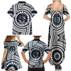 Carlton Football Club Family Matching Summer Maxi Dress and Hawaiian Shirt Indigenous Monochrome Dot Art Mascot Style