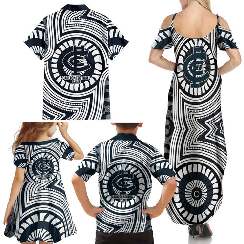 Carlton Football Club Family Matching Summer Maxi Dress and Hawaiian Shirt Indigenous Monochrome Dot Art Mascot Style