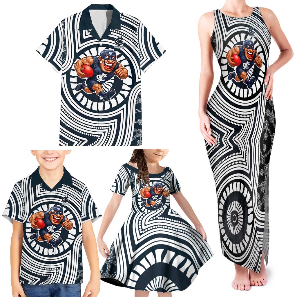 Carlton Football Club Family Matching Tank Maxi Dress and Hawaiian Shirt Indigenous Monochrome Dot Art Mascot Style