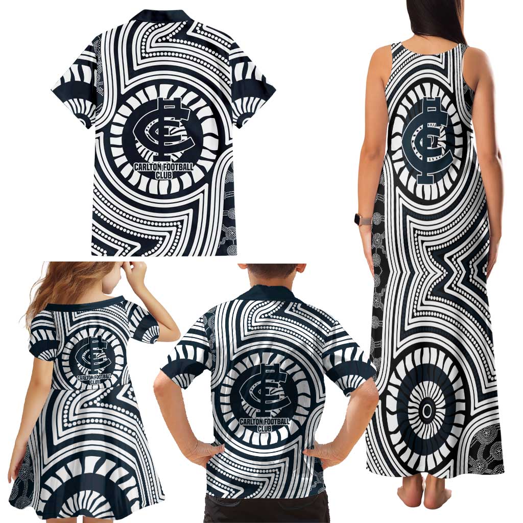 Carlton Football Club Family Matching Tank Maxi Dress and Hawaiian Shirt Indigenous Monochrome Dot Art Mascot Style