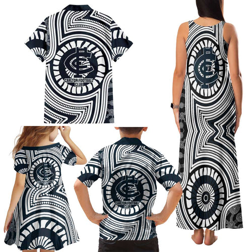 Carlton Football Club Family Matching Tank Maxi Dress and Hawaiian Shirt Indigenous Monochrome Dot Art Mascot Style