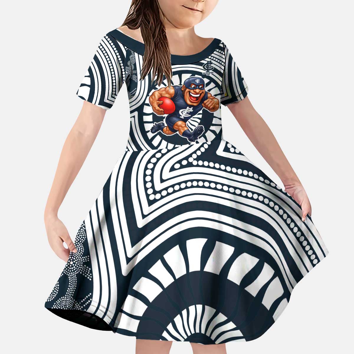 Carlton Football Club Kid Short Sleeve Dress Indigenous Monochrome Dot Art Mascot Style