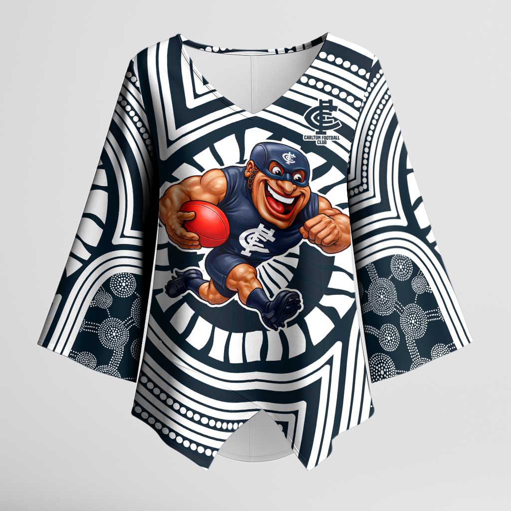 Carlton Football Club Kimono Sleeve Blouse Indigenous Monochrome Dot Art Mascot Style