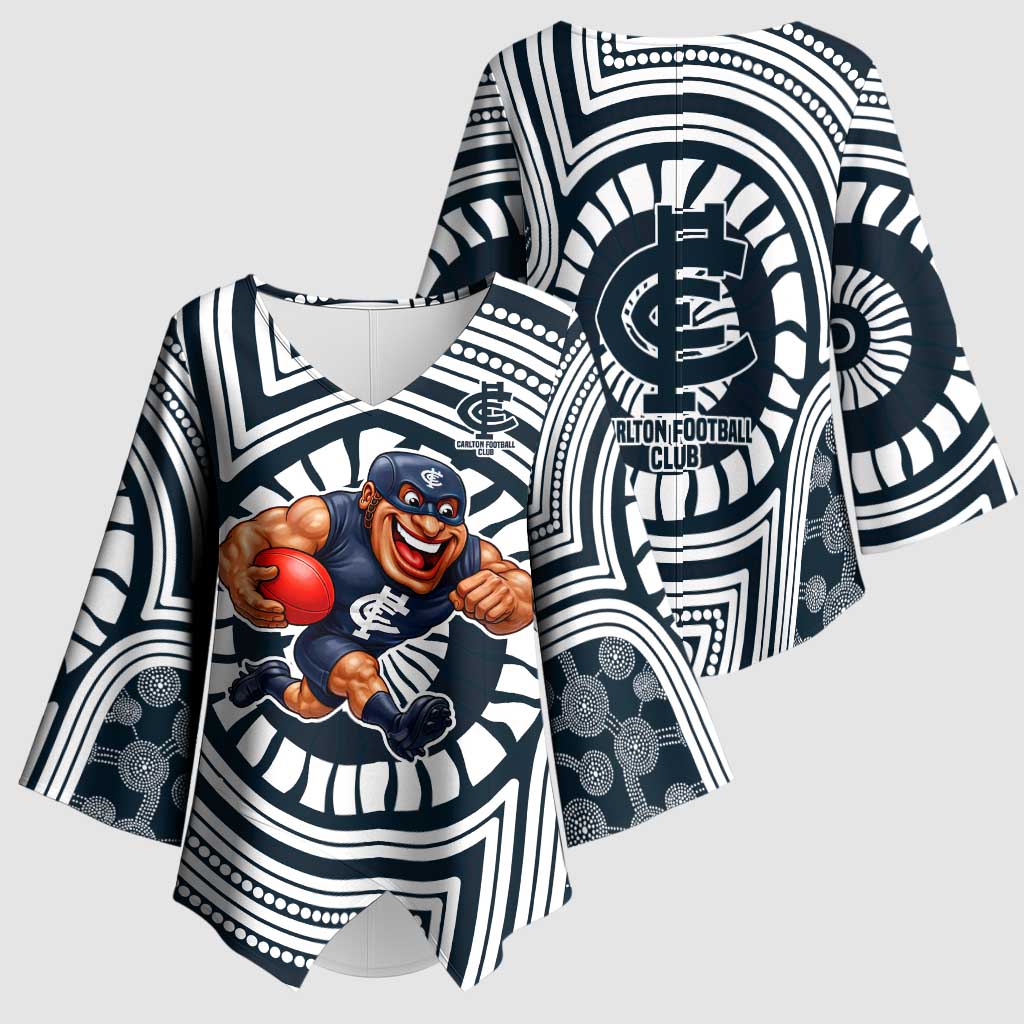 Carlton Football Club Kimono Sleeve Blouse Indigenous Monochrome Dot Art Mascot Style