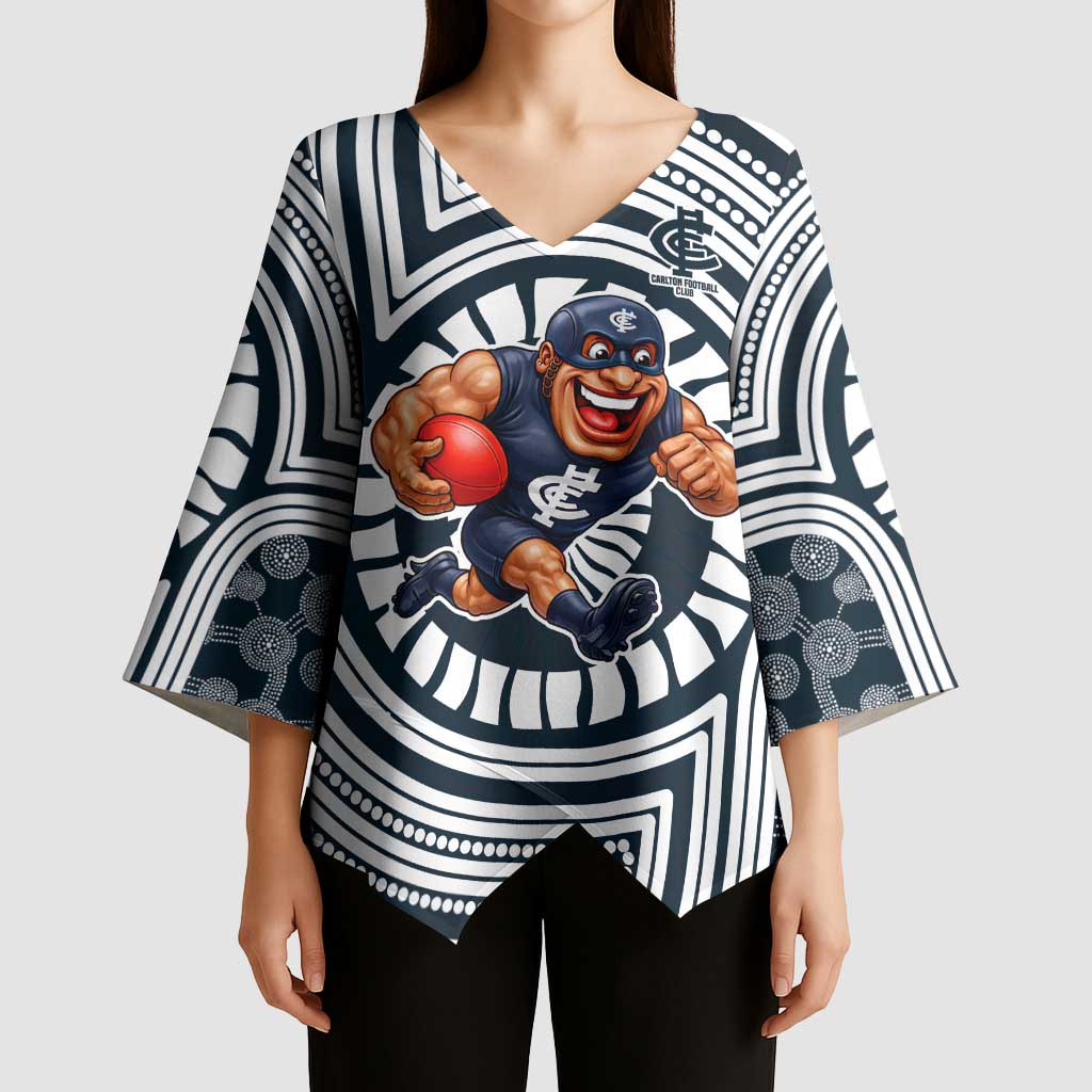 Carlton Football Club Kimono Sleeve Blouse Indigenous Monochrome Dot Art Mascot Style