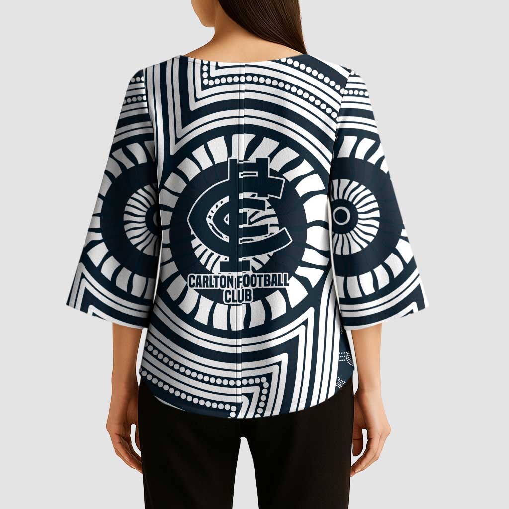 Carlton Football Club Kimono Sleeve Blouse Indigenous Monochrome Dot Art Mascot Style