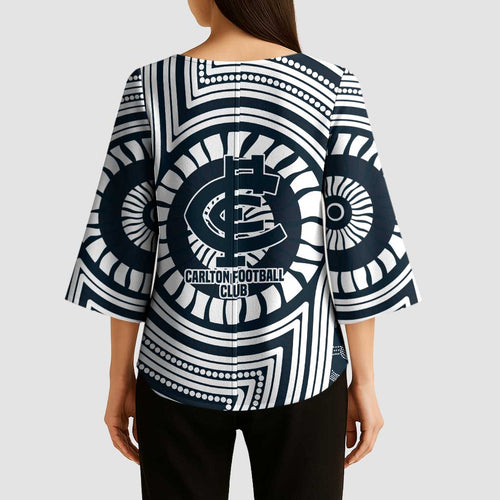 Carlton Football Club Kimono Sleeve Blouse Indigenous Monochrome Dot Art Mascot Style