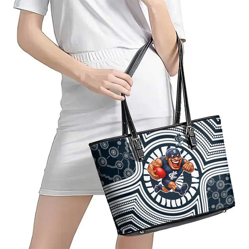 Carlton Football Club Leather Tote Bag Indigenous Monochrome Dot Art Mascot Style