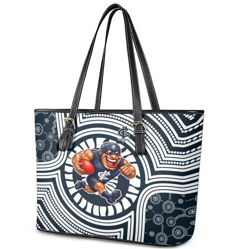 Carlton Football Club Leather Tote Bag Indigenous Monochrome Dot Art Mascot Style