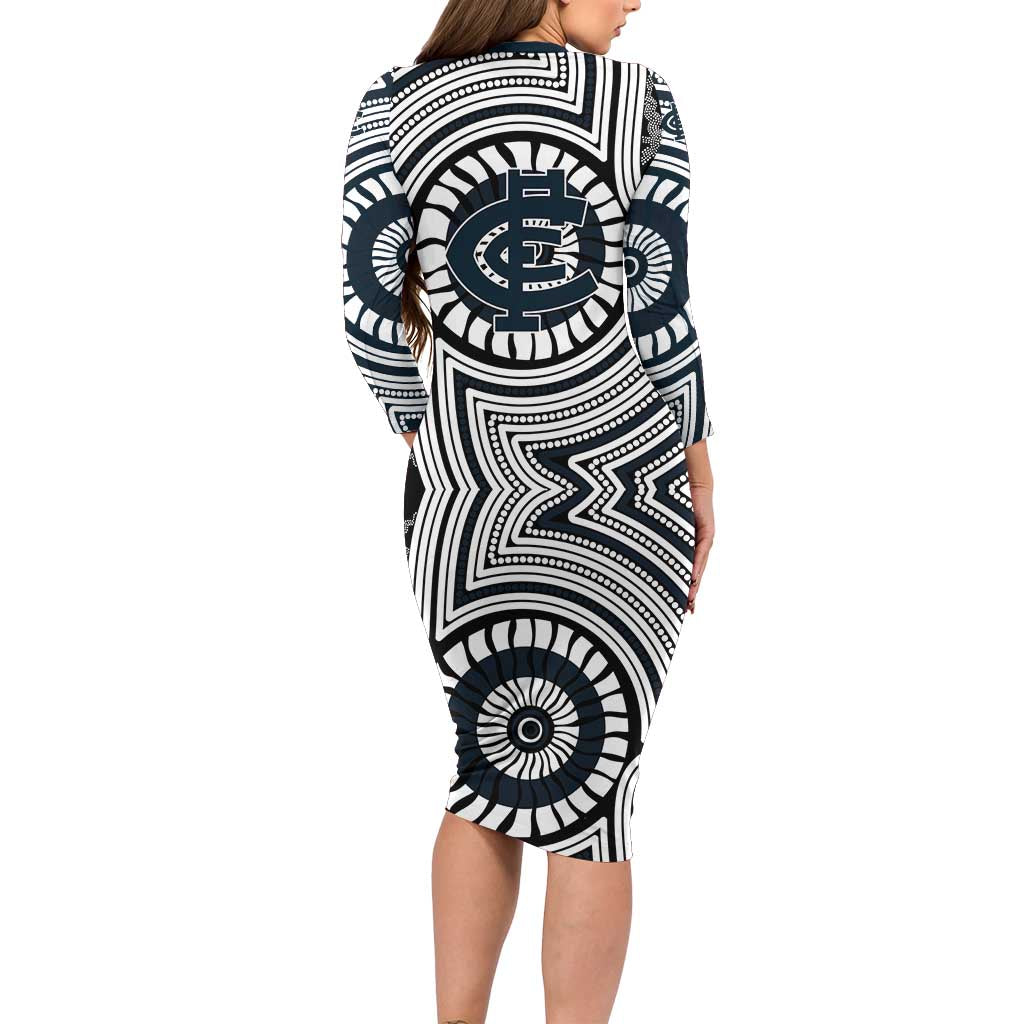 Carlton Football Club Long Sleeve Bodycon Dress Indigenous Monochrome Dot Art Mascot Style