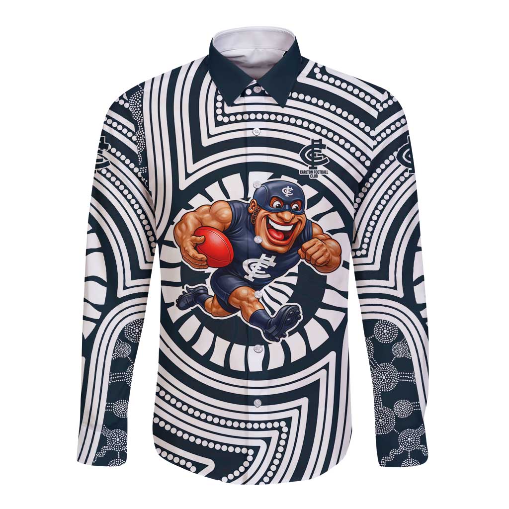 Carlton Football Club Long Sleeve Button Shirt Indigenous Monochrome Dot Art Mascot Style