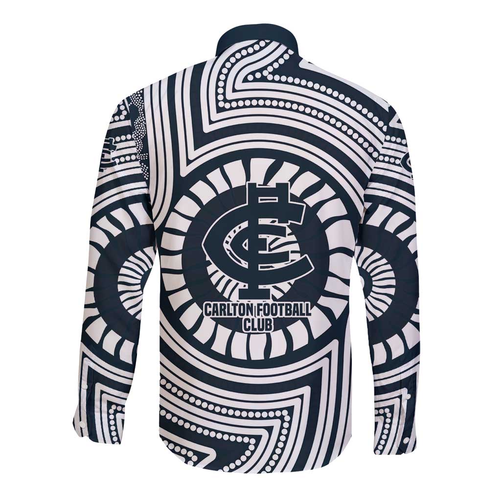 Carlton Football Club Long Sleeve Button Shirt Indigenous Monochrome Dot Art Mascot Style