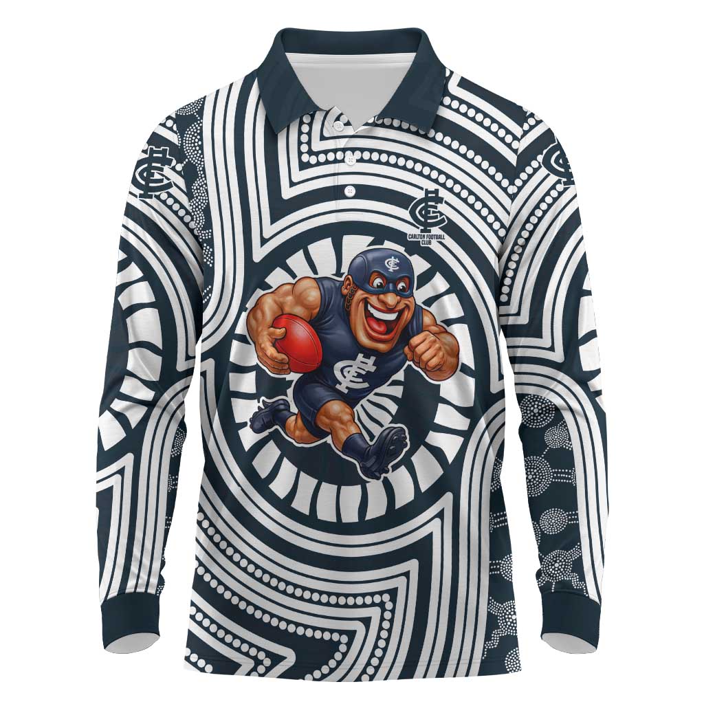 Carlton Football Club Long Sleeve Polo Shirt Indigenous Monochrome Dot Art Mascot Style