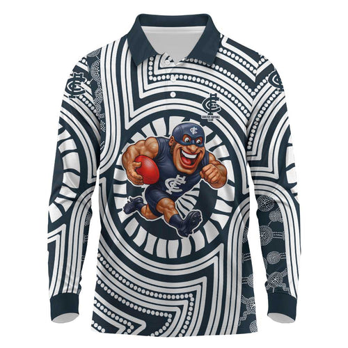 Carlton Football Club Long Sleeve Polo Shirt Indigenous Monochrome Dot Art Mascot Style