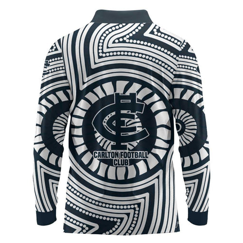 Carlton Football Club Long Sleeve Polo Shirt Indigenous Monochrome Dot Art Mascot Style