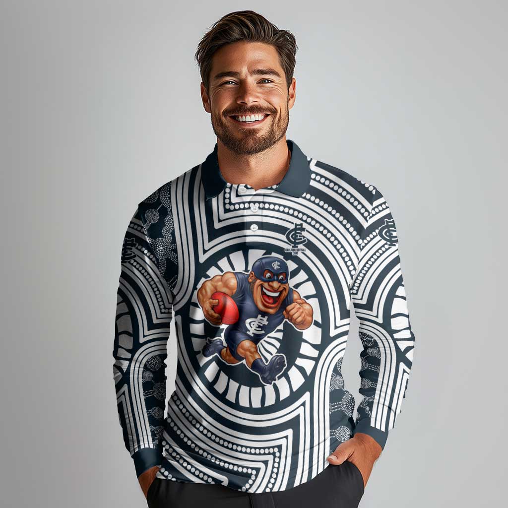 Carlton Football Club Long Sleeve Polo Shirt Indigenous Monochrome Dot Art Mascot Style
