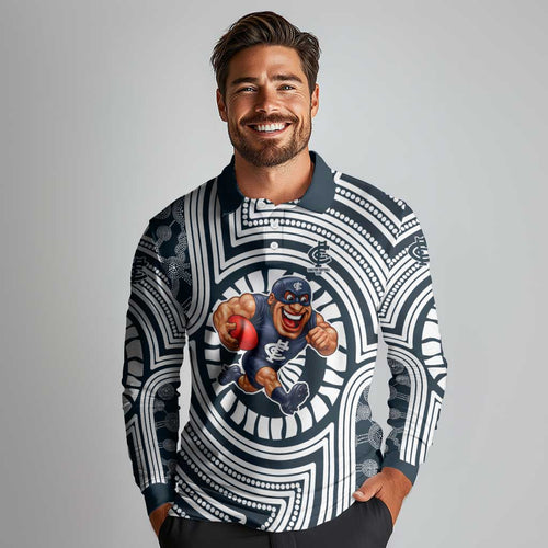 Carlton Football Club Long Sleeve Polo Shirt Indigenous Monochrome Dot Art Mascot Style