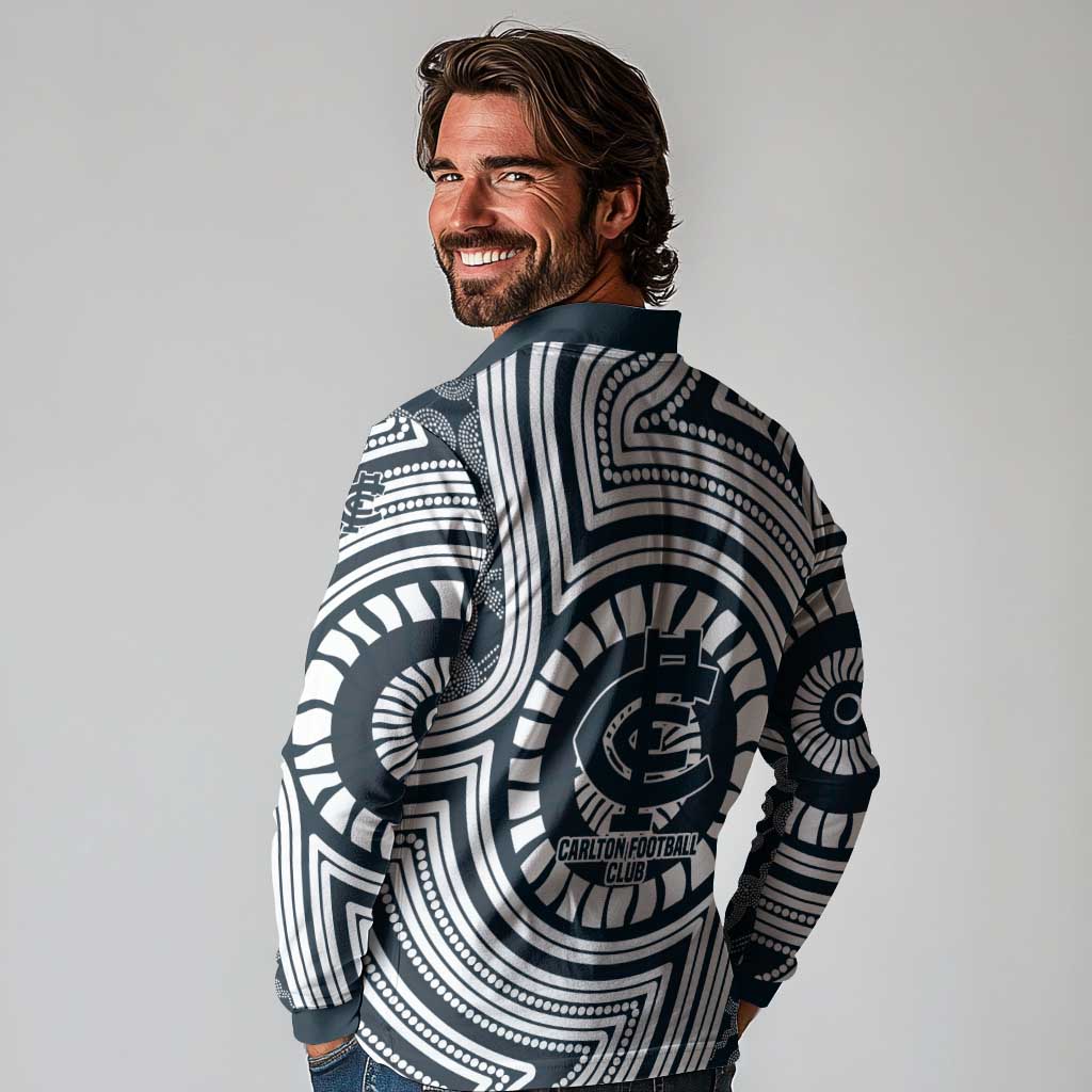Carlton Football Club Long Sleeve Polo Shirt Indigenous Monochrome Dot Art Mascot Style