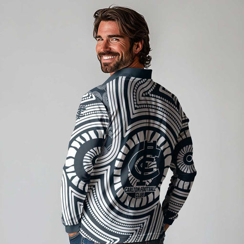 Carlton Football Club Long Sleeve Polo Shirt Indigenous Monochrome Dot Art Mascot Style