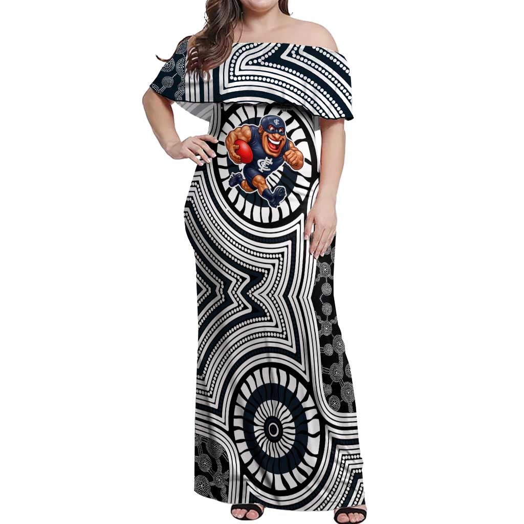 Carlton Football Club Off Shoulder Maxi Dress Indigenous Monochrome Dot Art Mascot Style