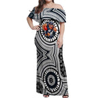 Carlton Football Club Off Shoulder Maxi Dress Indigenous Monochrome Dot Art Mascot Style