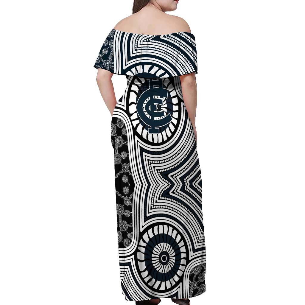 Carlton Football Club Off Shoulder Maxi Dress Indigenous Monochrome Dot Art Mascot Style