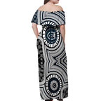 Carlton Football Club Off Shoulder Maxi Dress Indigenous Monochrome Dot Art Mascot Style