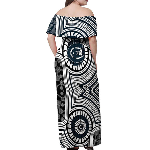 Carlton Football Club Off Shoulder Maxi Dress Indigenous Monochrome Dot Art Mascot Style