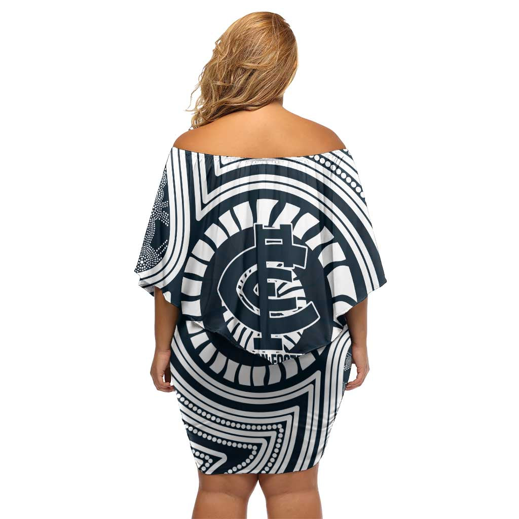 Carlton Football Club Off Shoulder Short Dress Indigenous Monochrome Dot Art Mascot Style