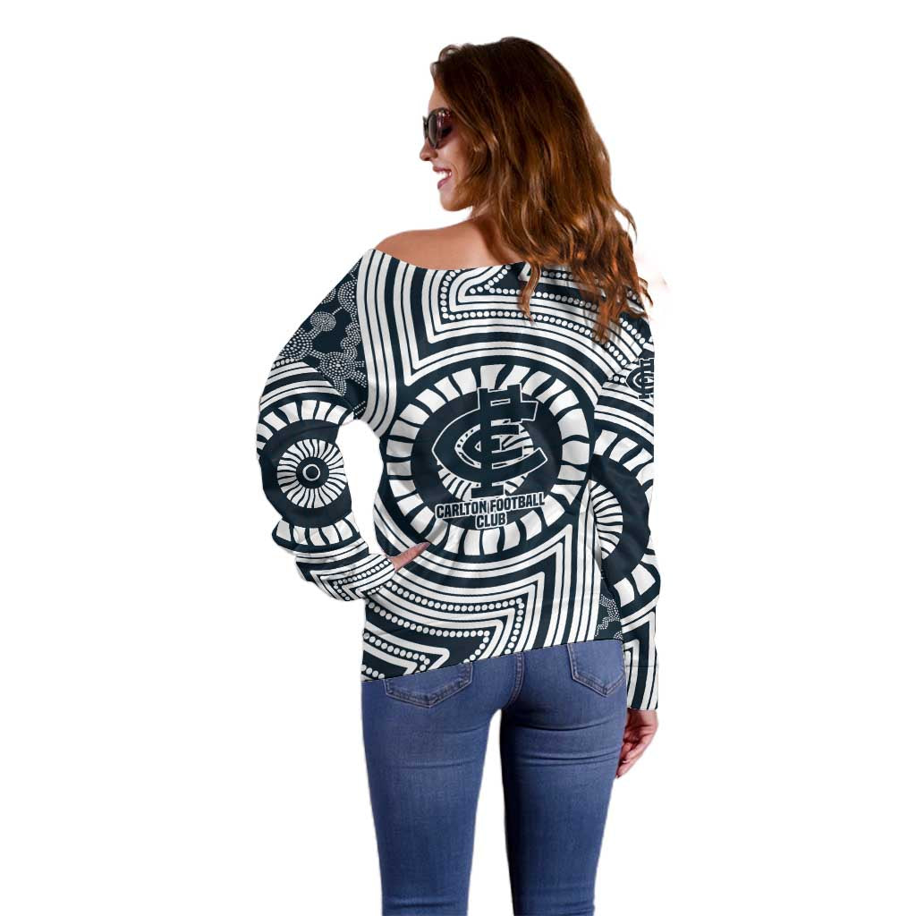 Carlton Football Club Off Shoulder Sweater Indigenous Monochrome Dot Art Mascot Style