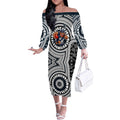 Carlton Football Club Off The Shoulder Long Sleeve Dress Indigenous Monochrome Dot Art Mascot Style