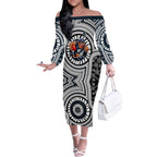 Carlton Football Club Off The Shoulder Long Sleeve Dress Indigenous Monochrome Dot Art Mascot Style