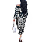 Carlton Football Club Off The Shoulder Long Sleeve Dress Indigenous Monochrome Dot Art Mascot Style