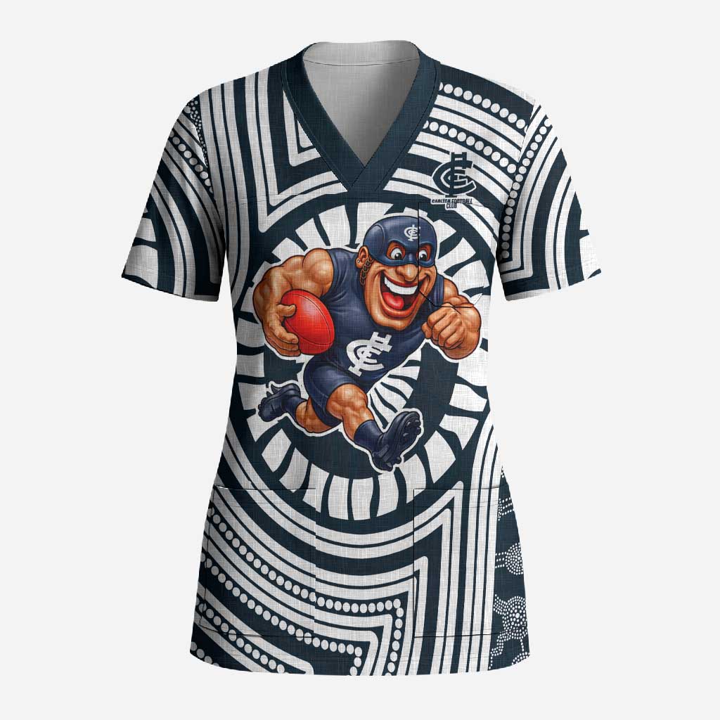 Carlton Football Club Scrub Top Indigenous Monochrome Dot Art Mascot Style